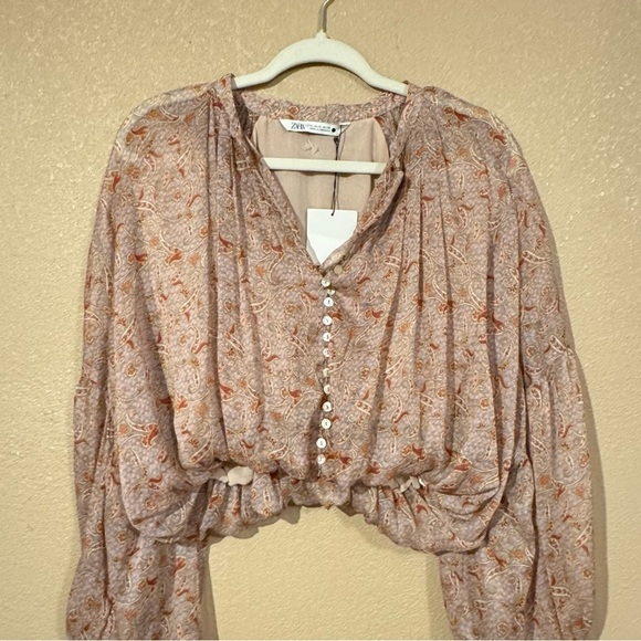 Zara Chiffon Paisley Peasant Cropped Oversized Bohemian 70s Vibes Blouse C6 - Picture 1 of 4